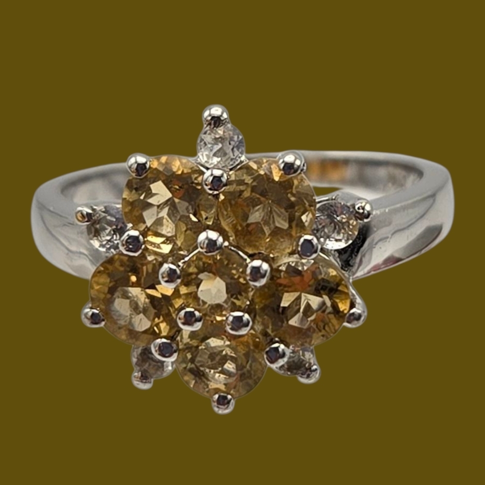Vintage Citrine Topaz Sterling Silver Floral Starburst Cluster Ring Signed